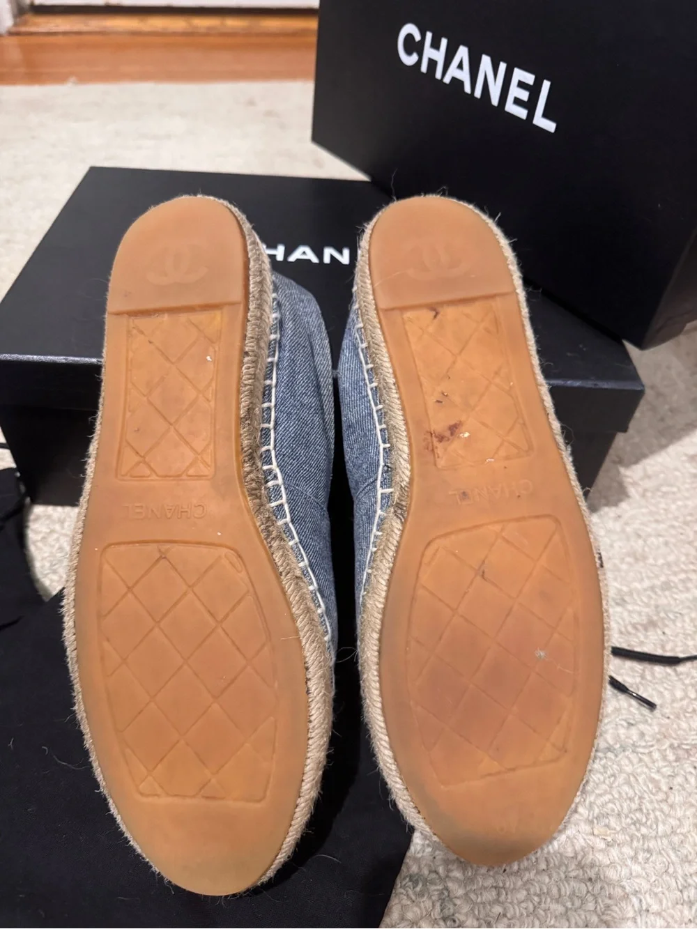 CHANEL Denim Espadrille Flats with Black Cap Toe and Blue CC Logo